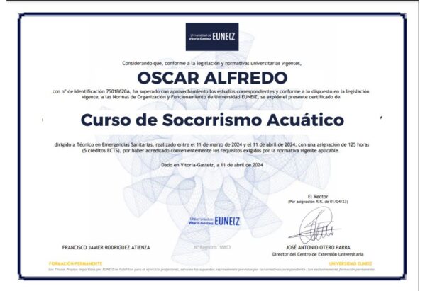 Certificación de Curso de Socorrismo Acuático