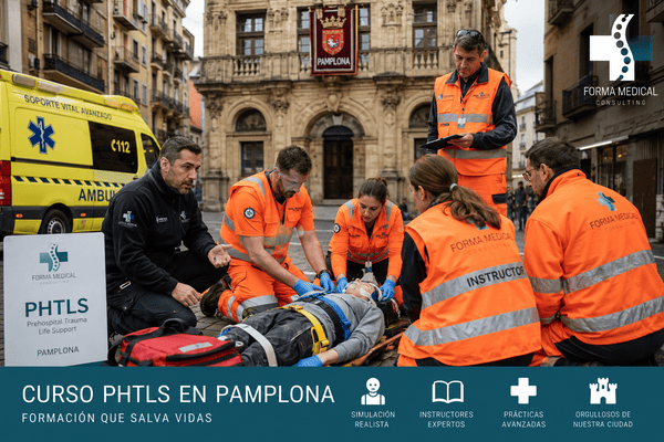 Instructores y alumnos realizando una simulación de trauma en el curso PHTLS en Pamplona