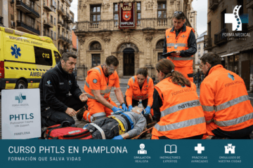 Instructores y alumnos realizando una simulación de trauma en el curso PHTLS en Pamplona
